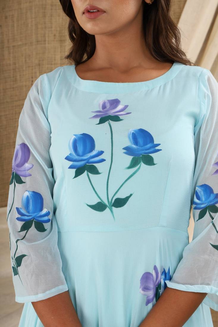 SKYBLUE HAND PAINT CHIFFON GOWN DRESS