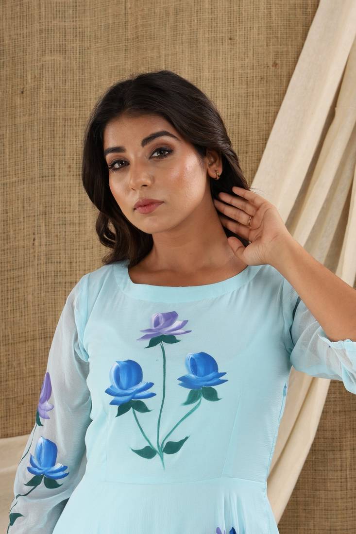 SKYBLUE HAND PAINT CHIFFON GOWN DRESS