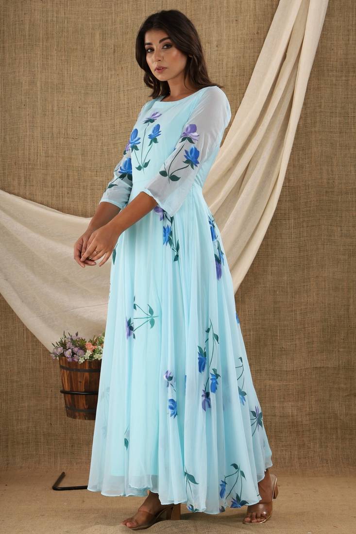 SKYBLUE HAND PAINT CHIFFON GOWN DRESS