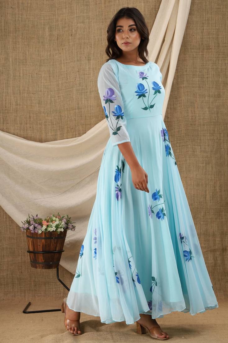 SKYBLUE HAND PAINT CHIFFON GOWN DRESS