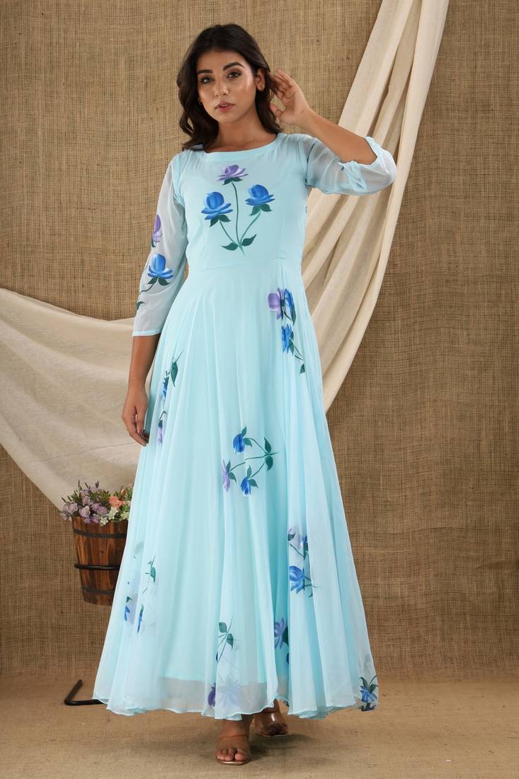 SKYBLUE HAND PAINT CHIFFON GOWN DRESS