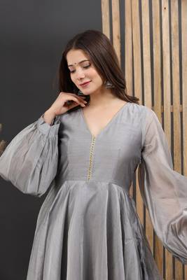 GREY CHANDERI GOTA GOWN DRESS 2