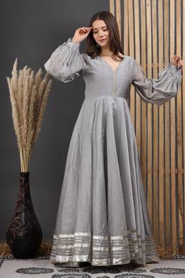 GREY CHANDERI GOTA GOWN DRESS 3