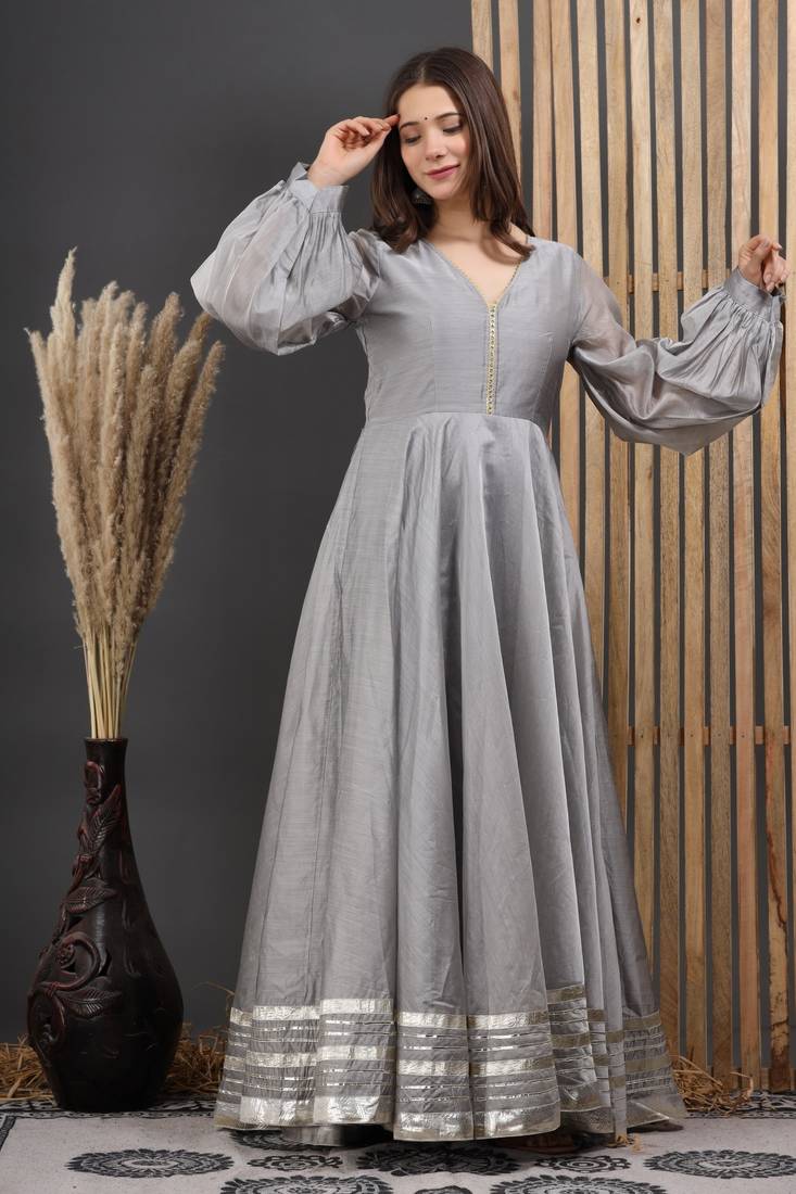 GREY CHANDERI GOTA GOWN DRESS