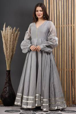 GREY CHANDERI GOTA GOWN DRESS 4