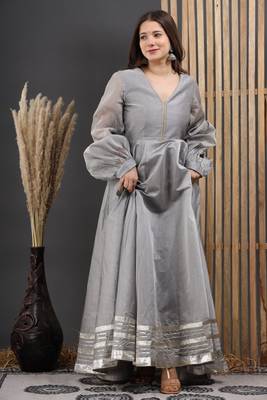 GREY CHANDERI GOTA GOWN DRESS 5