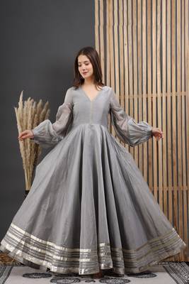 GREY CHANDERI GOTA GOWN DRESS 1