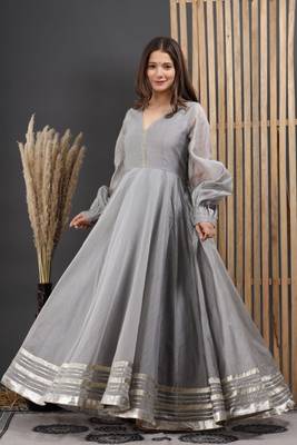 GREY CHANDERI GOTA GOWN DRESS 6