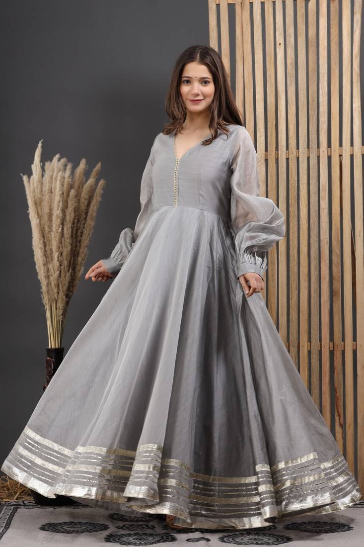 GREY CHANDERI GOTA GOWN DRESS