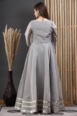 GREY CHANDERI GOTA GOWN DRESS 7