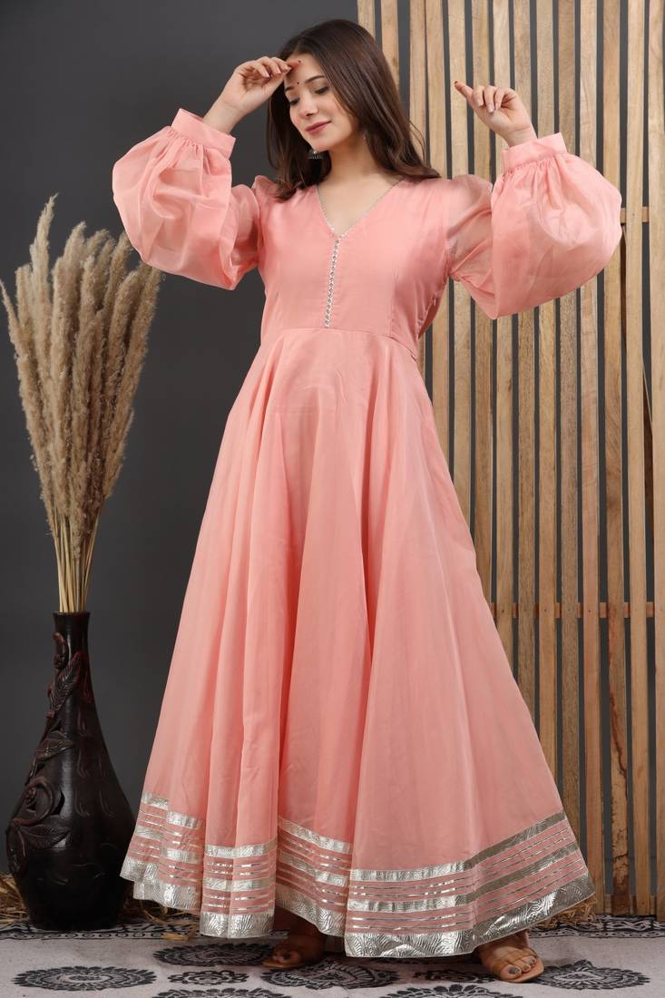 PEACH CHANDERI GOTA GOWN DRESS