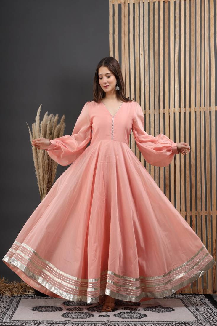 PEACH CHANDERI GOTA GOWN DRESS