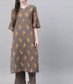 Women grey printed pure cotton  stiched straight kurta palazzo suit set