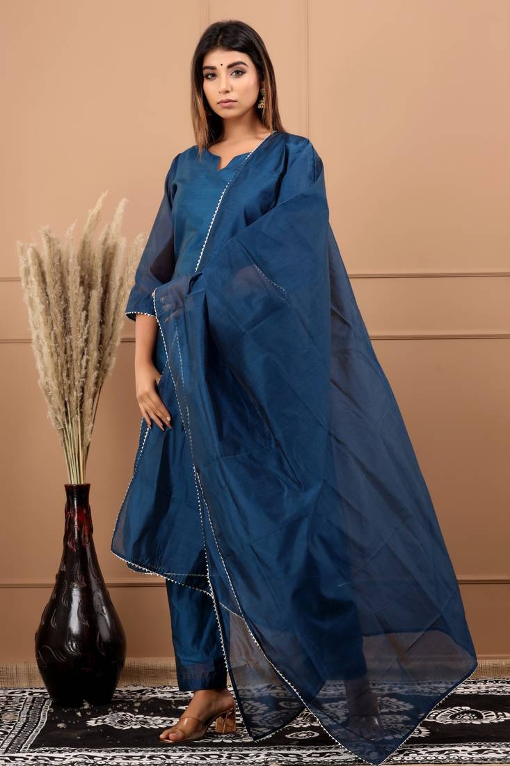 BLUE CHANDERI SUIT SET