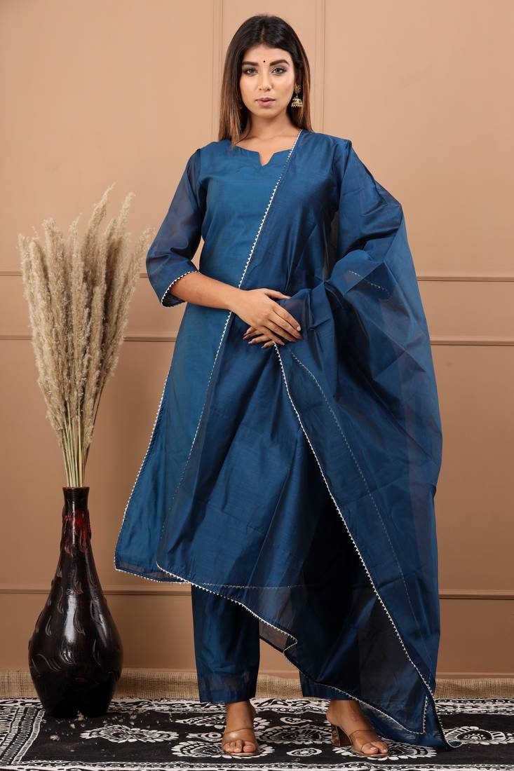 BLUE CHANDERI SUIT SET