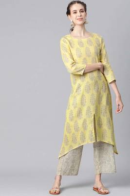 Women yellow printed pure cotton  stiched a-line kurta palazzo suit set 1