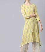 Women yellow printed pure cotton  stiched a-line kurta palazzo suit set