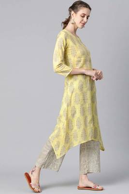 Women yellow printed pure cotton  stiched a-line kurta palazzo suit set 2