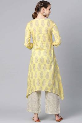Women yellow printed pure cotton  stiched a-line kurta palazzo suit set 3