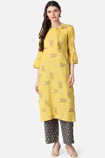 Women yellow printed pure cotton  stiched straight kurta palazzo suit set