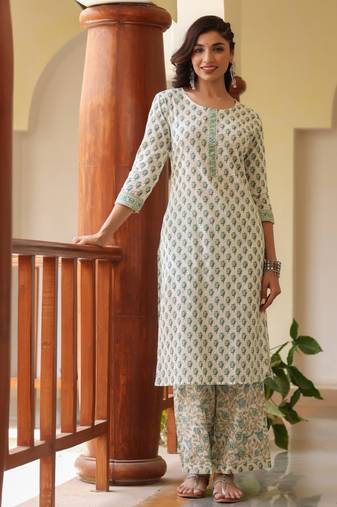 Women white printed rayon stiched straight kurta palazzo suit set