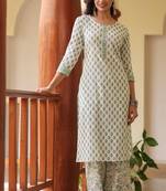 Women white printed rayon stiched straight kurta palazzo suit set