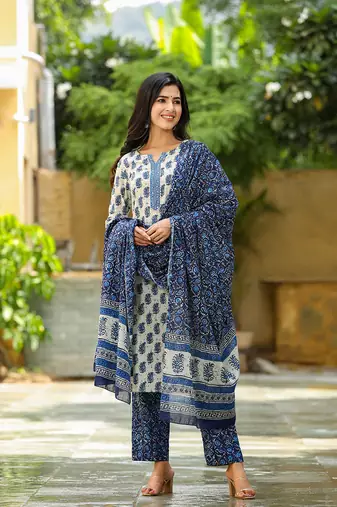 Women blue printed rayon stiched straight kurta trousers suit set