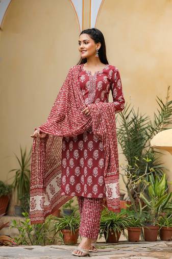 Women red embroidered rayon stiched straight kurta palazzo suit set