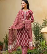 Women red embroidered rayon stiched straight kurta palazzo suit set