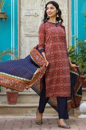 Women red printed pure cotton  stiched straight kurta palazzo suit set