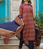 Women red printed pure cotton  stiched straight kurta palazzo suit set