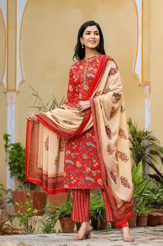 Women red printed pure cotton  stiched straight kurta palazzo suit set