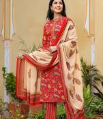 Women red printed pure cotton  stiched straight kurta palazzo suit set