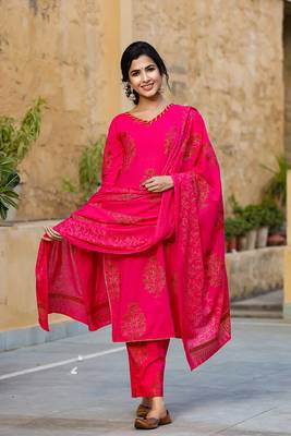 Women pink printed pure cotton  stiched straight kurta palazzo suit set 1