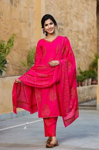 Women pink printed pure cotton  stiched straight kurta palazzo suit set