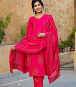 Women pink printed pure cotton  stiched straight kurta palazzo suit set