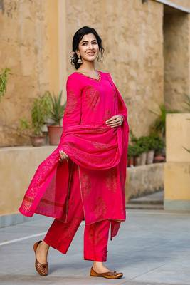 Women pink printed pure cotton  stiched straight kurta palazzo suit set 2