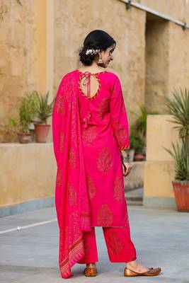 Women pink printed pure cotton  stiched straight kurta palazzo suit set 4