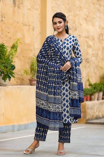 Women white printed rayon blend stiched straight kurta palazzo suit set