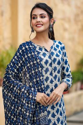 Women white printed rayon blend stiched straight kurta palazzo suit set 2