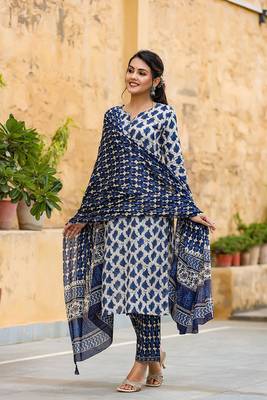 Women white printed rayon blend stiched straight kurta palazzo suit set 3