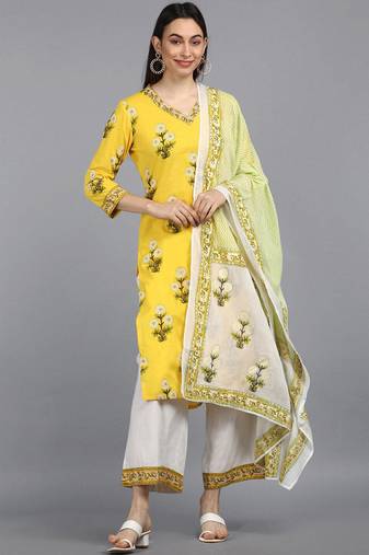 Women yellow printed pure cotton  stiched straight kurta palazzo suit set