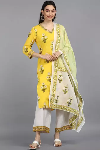 Women yellow printed pure cotton  stiched straight kurta palazzo suit set
