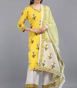 Women yellow printed pure cotton  stiched straight kurta palazzo suit set