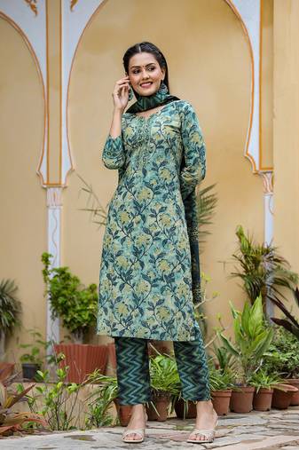 Women green printed rayon stiched straight kurta palazzo suit set