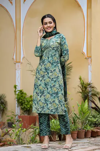 Women green printed rayon stiched straight kurta palazzo suit set