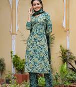 Women green printed rayon stiched straight kurta palazzo suit set
