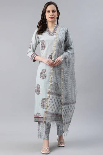 Women grey printed pure cotton  stiched straight kurta palazzo suit set