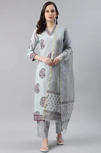 Women grey printed pure cotton  stiched straight kurta palazzo suit set