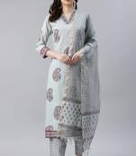 Women grey printed pure cotton  stiched straight kurta palazzo suit set